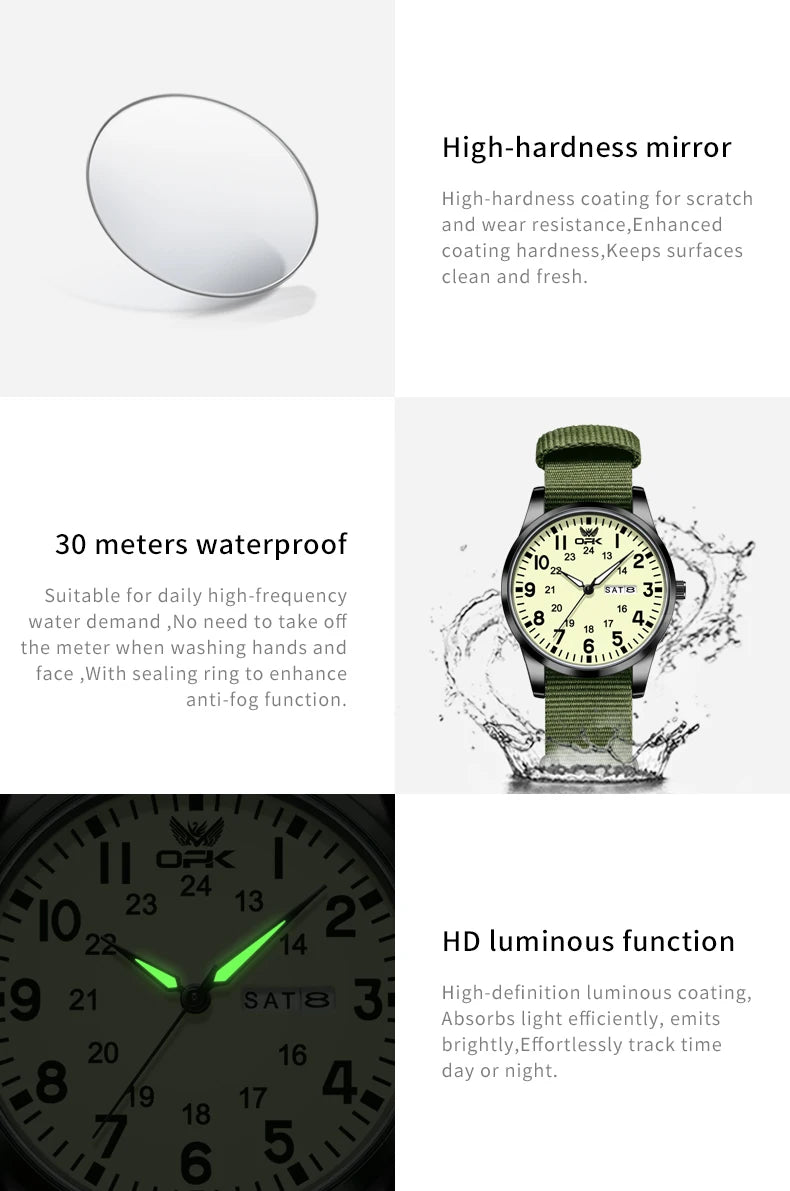 OPK 6090 Quartz Watches for Man Fashion Casual Nylon Webbing Watchband Dual Calendar Waterproof Luminous Men's Sports Watches