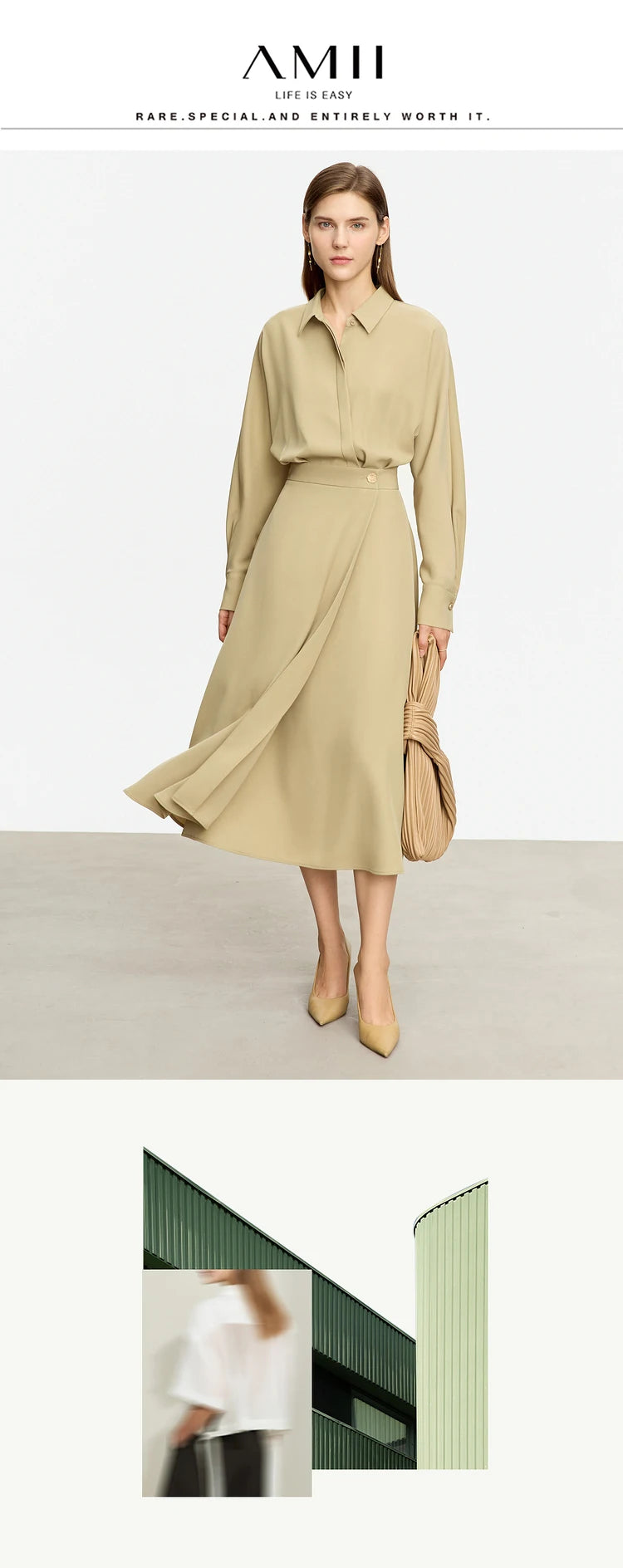 AMII Minimalist French Long-sleeve Shirt Dress for Women 2024 Autumn New A-line Office Lady Solid Midi Dresses Vestidos 12343290