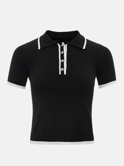 Tossy Knit Sweater Pullover Women Short Sleeve Patchwork Slim Lapel Elegant Contrast Knitwear Top Female Skinny Ribbed Pullover