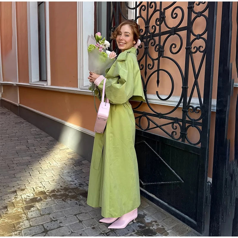 Women Green Lapel Trench Coat Fashion Belted Long Sleeve Loose Outerwear Chic 2025 New Autumn Street Travel Leisure Lady Outwear
