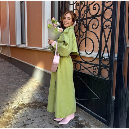 Women Green Lapel Trench Coat Fashion Belted Long Sleeve Loose Outerwear Chic 2025 New Autumn Street Travel Leisure Lady Outwear