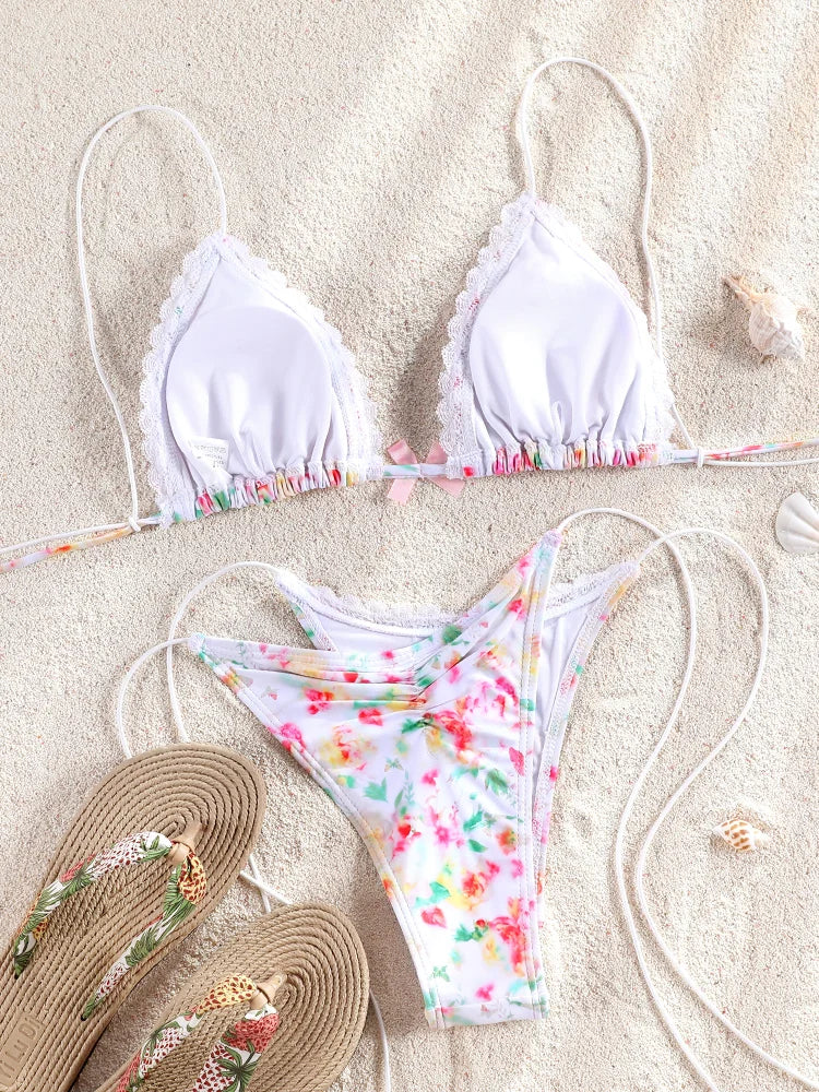 ZRTAK Triangle Bikini Set Sexy Swimwear Women 2026 Bikinis Floral Print Swimsuit Micro Thong Bandage Bathing Suits