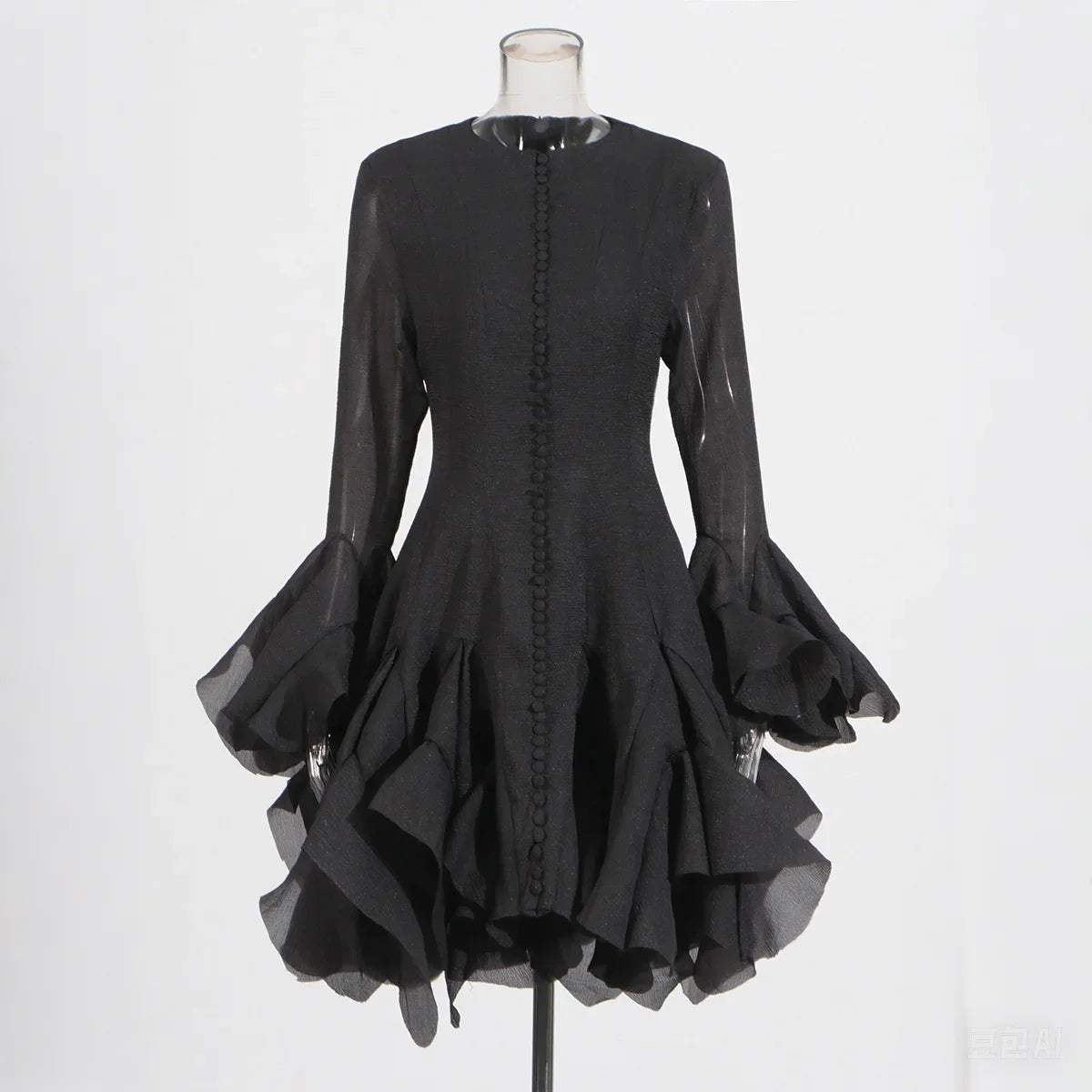 VGH Sweet Ruffles Elegant Knee Length Dresses for Women Round Neck Flare Sleeve High Waist Spliced Button  A Line Dress Female
