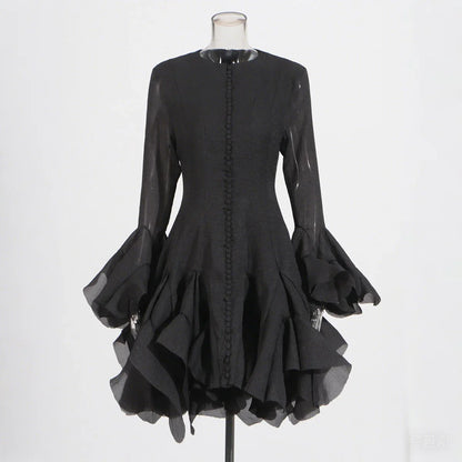 VGH Sweet Ruffles Elegant Knee Length Dresses for Women Round Neck Flare Sleeve High Waist Spliced Button  A Line Dress Female