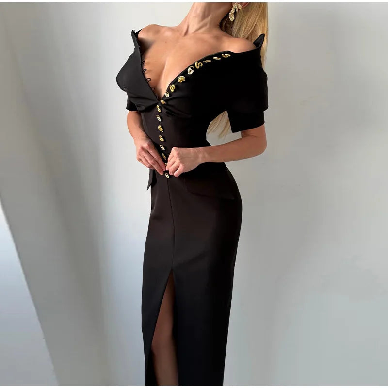 Women's High Neck Bodycon Midi Dress Short Sleeve Gold Button Split Hem Dresses 2026 Female Elegant Formal Evening Party Robe