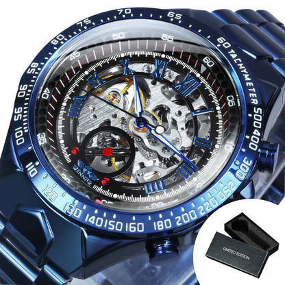 WINNER Gold Transparent Skeleton Automatic Watch for Men Luminous Pointers Luxury Brand Stainless Steel Strap Mechanical Watches