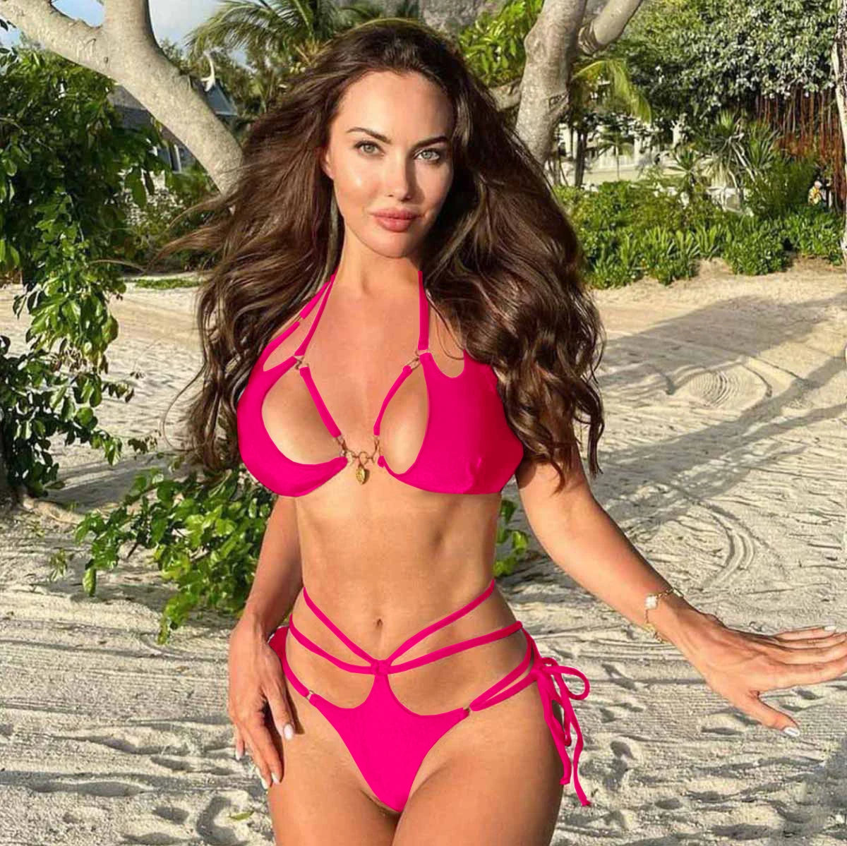 Brazilian Bikini Swimsuit for Women, Ring Linked Halter, Swimwear, Beachwear, 2025