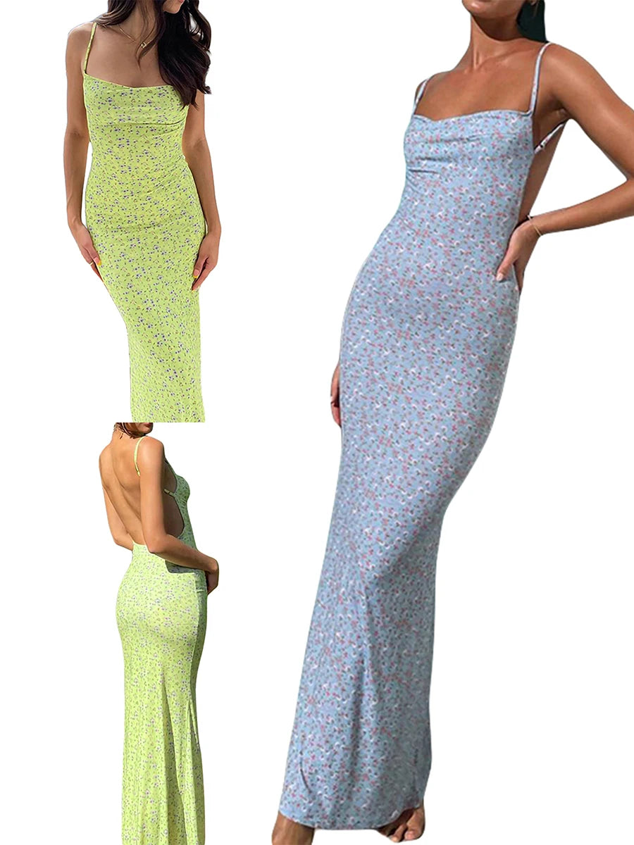 New Fashion Women´s Sexy Dress, Spaghetti Strap Sleeveless Backless Slim Fit Floral Printed Long Dresses