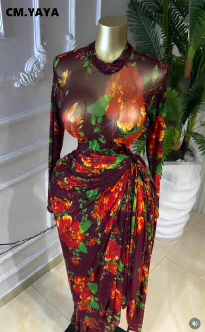 CM.YAYA Women Floral Print O-neck Ruched Bodycon Long Maxi Dress 2026 summer Evening Birthday Club Party Vestidos Sexy Dresses