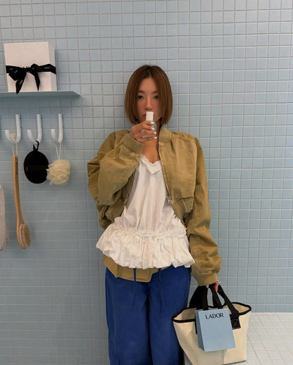 Women Khaki Cropped Bomber Jacket Chic Lapel Zipper Pocket Long Sleeve Short Coat Casual 2026 New Lady Street Daily Crop Outwear