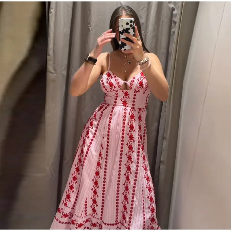 Printed Ruffle Top Skirt Set Women Slim Sling Sleeveless Backless Vest Straight Long Skirts 2025 Summer Elegant Sexy Lady Outfit