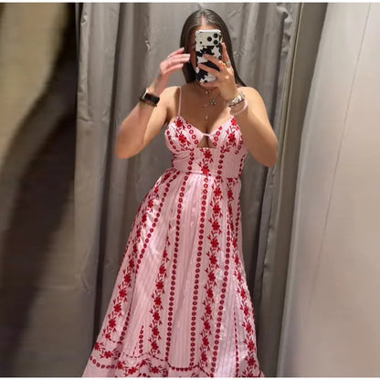 Printed Ruffle Top Skirt Set Women Slim Sling Sleeveless Backless Vest Straight Long Skirts 2025 Summer Elegant Sexy Lady Outfit