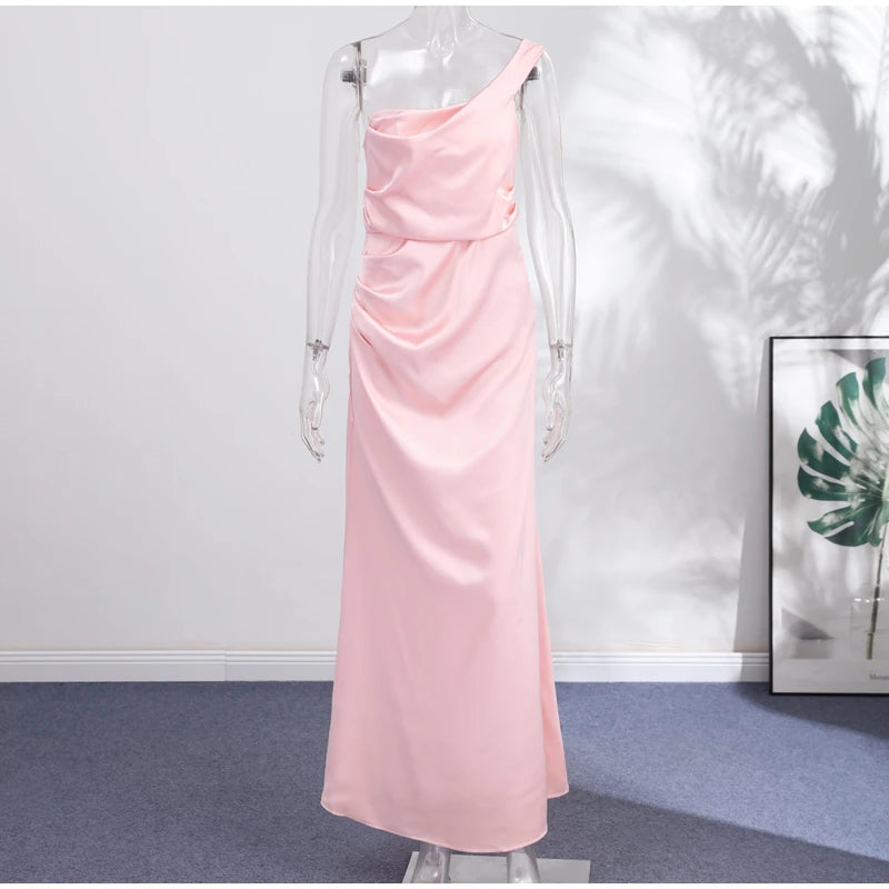 One Shoulder Satin Women 's Maxi Dress Cowl Neck Ruched Waist Bodycon Dresses 2026 Summer Woman Formal Evening Party Vestidos
