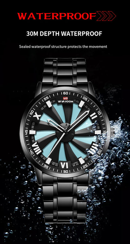 Sports Men Watch 43mm Red Rotating Dial Black Stainless Steel With Quartz Clock Simulation Car Hub 3Bar Daily Waterproof Watches