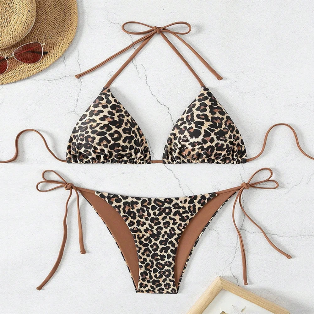 Sexy Leopard Print Two Piece Swimsuit Set Triangle Bra Suspender Halter Backless Bikini Set Beach Vacation Lace-up Swimwear 2025