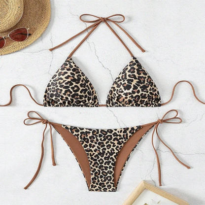 Sexy Leopard Print Two Piece Swimsuit Set Triangle Bra Suspender Halter Backless Bikini Set Beach Vacation Lace-up Swimwear 2025