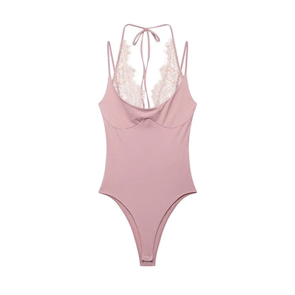 KONDALA 2026 Woman Sexy Night Party Pink Bodysuits Patchwork Lace Sleeveless Streetwear Slim Bodysuits Fashion Mujer Sheath Tops