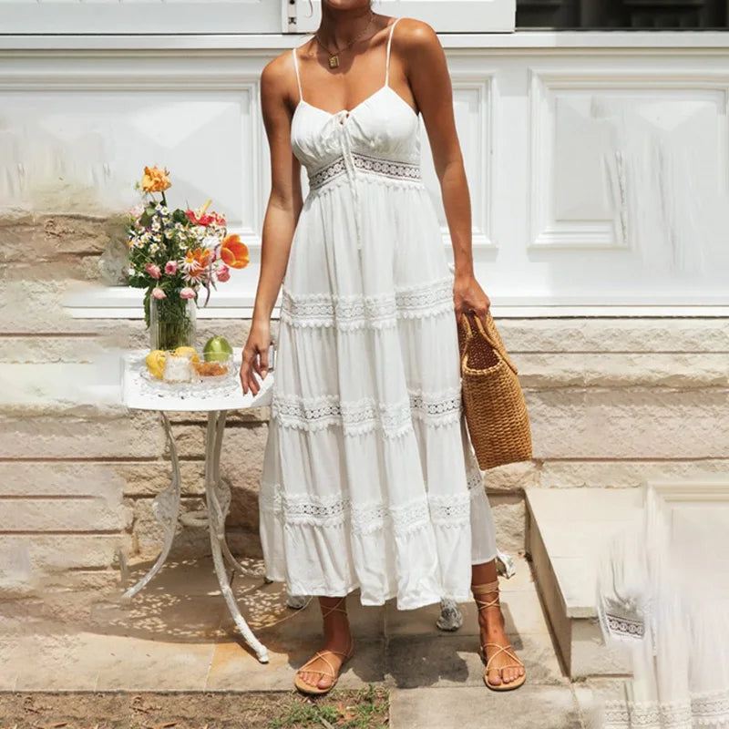 Ashgaily White Dress Women Halter Cotton Long Dress Lace Elegant Party Outfits Ladies Sexy Club Clothes