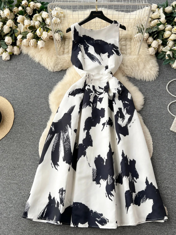 French Elegant Floral Dress Women Retro Round Neck Sleeveless Print Party Dresses Summer Slim A-line Vintage Long Robe Vestidos