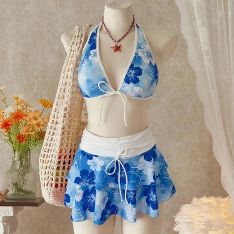 Elegant Floral Color Block Swimsuit Women Triangle Halter High-Waist Bikini Set Cover Up Skirt 2026 New Micro Bikini Three-Piece