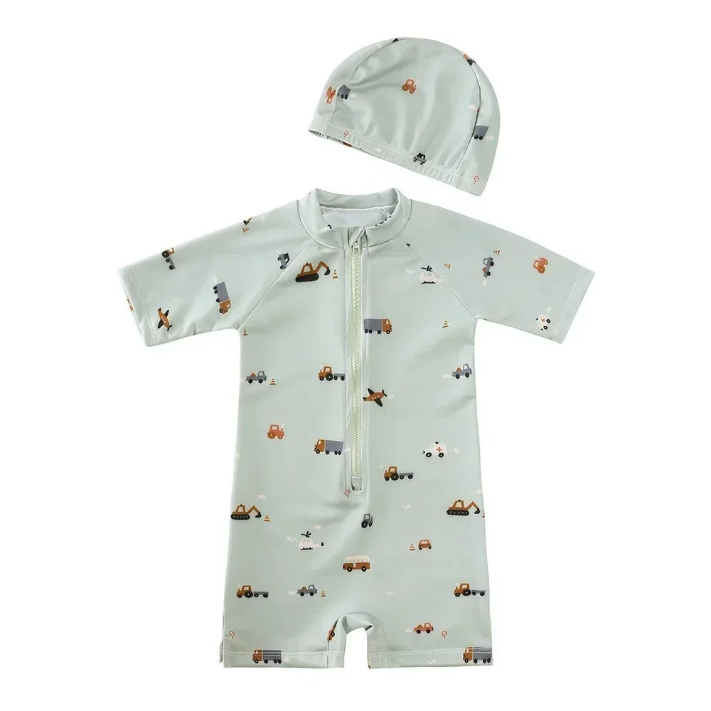 Girls Cute Backless Floral One-piece Swimsuit Baby Bikini Swimwear with hat Sun-proof Beach Vacation Toddlers Kids Chic Swimsuit
