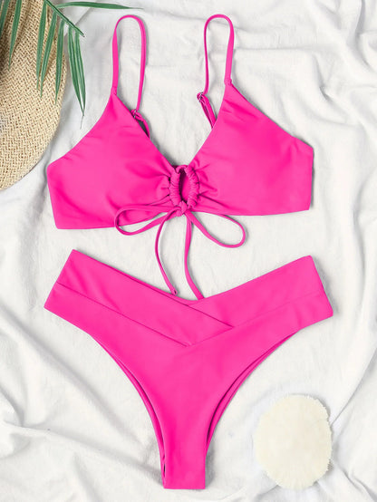 New High Elastic Bikini Set for 2025 Summer Two Pieces Solid Color Lace-up Sexy Women Swimsuit Beach Bathing Suit Swimwear