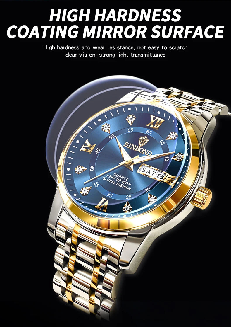 BINBOND Luxury quartz wristwatches luminous waterproof week auto date men's watch business sport clock fashion casual reloj