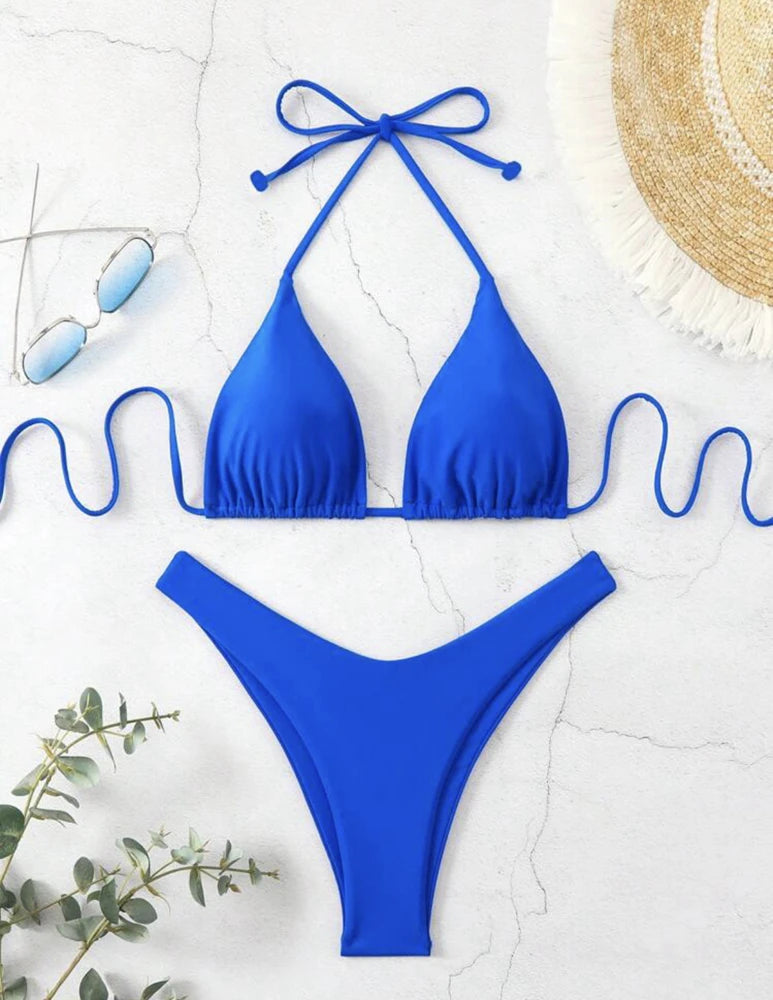 2025 New Bikini Set Women Sexy Simple Solid White/Black/Coffee Halter Bikini Swimsuit Lace Up Brazilian Beach Bathing Suit
