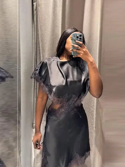 Sexy Lace Patchwork Waist Revealing Dress Women Fashion O-neck Short Sleeve High Waist Slim Dresses Female New Chic Casual Robe