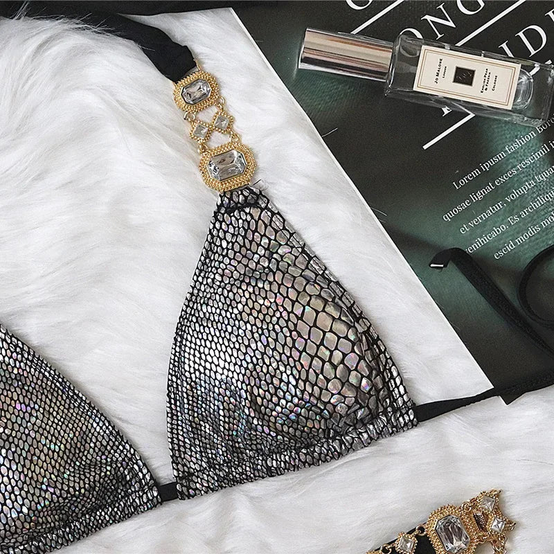 2026 Shiny Rhinestone Diamond Bikini Women Swimsuit Female Swimwear Two Pieces Bikini Set Halter Metal Chains Bathing Suit Swim