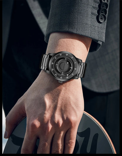 FOXBOX Personalized Mens Watches Creative Simple Floating Magnetic Pointer Quartz Wristwatch Steel Waterproof Watch for Man