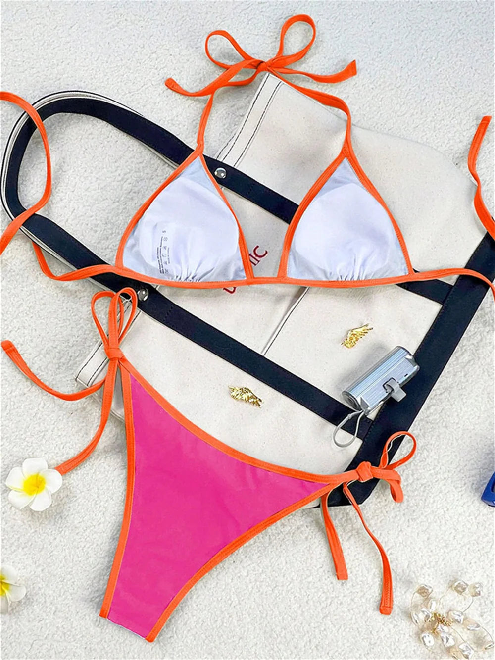 Vintage Blue Bikinis Set Triangle Border String Swimsuit Push Up Swimwear Backless Extrem Bikini Women Beach Outfit Bathing Suit