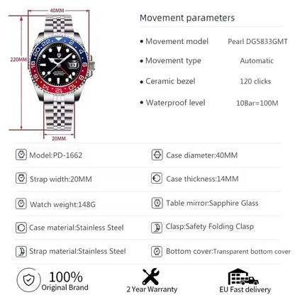 PAGANI DESIGN 2026 GMT Watches Men Luxury Sapphire Automatic Mechanical Watch 40MM Stainless Steel Waterproof Watches for men