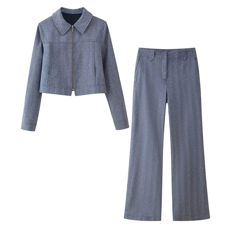 Casual Coats Pants Sets Women'S Turn-down Collar Long Sleeve Zippers Tops High Waist  Trousers 2026 Spring New Lady Chic Suit