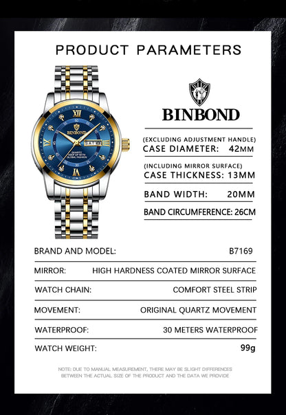 BINBOND Luxury quartz wristwatches luminous waterproof week auto date men's watch business sport clock fashion casual reloj