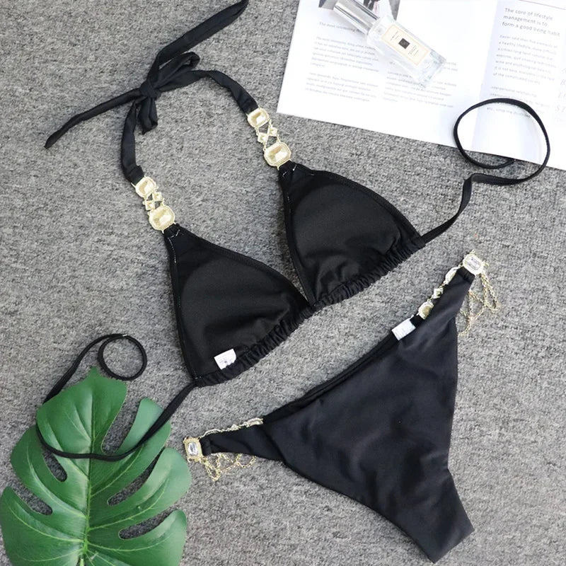 2026 Shiny Rhinestone Diamond Bikini Women Swimsuit Female Swimwear Two Pieces Bikini Set Halter Metal Chains Bathing Suit Swim