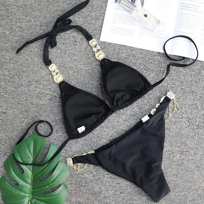 2026 Shiny Rhinestone Diamond Bikini Women Swimsuit Female Swimwear Two Pieces Bikini Set Halter Metal Chains Bathing Suit Swim