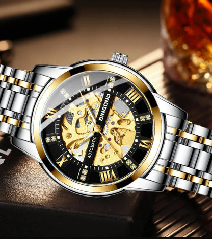 Bindond Mens Automatic Mechanical Watches Top Brand Luxury Stainless Steel Waterproof Hollow Male Wristwatches Relogio Masculino