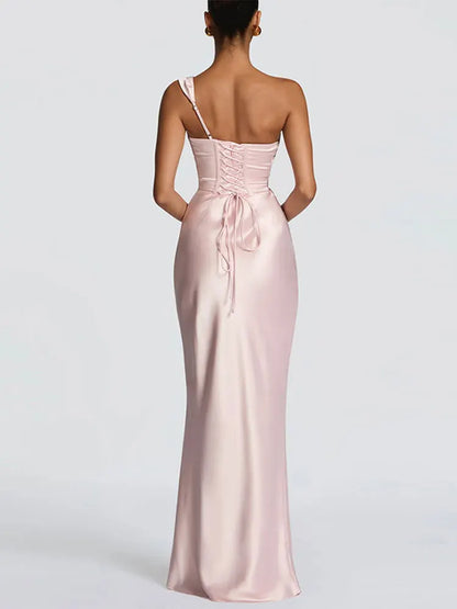 One Shoulder Satin Women 's Maxi Dress Cowl Neck Ruched Waist Bodycon Dresses 2026 Summer Woman Formal Evening Party Vestidos