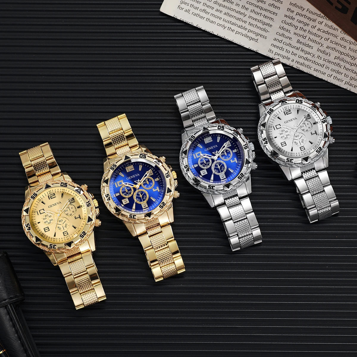 4PCS/Set Fashion Men Business Watches Luxury Big Dial Quartz Watch for Men Clock Jewelry Set Reloj Hombre（Without Box）