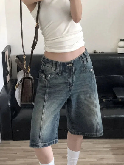 American Retro Blue Denim Shorts Women Korean Style High Waist Biker  Jeans Feminino 2026 Summer Chic Streetwear