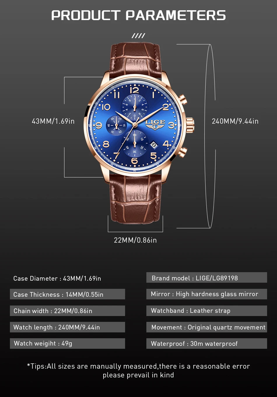 LIGE Casual Sports Watches For Men Fashion Business Leather Waterproof Quartz Men Watch Top Brand Luxury Military Chronograph