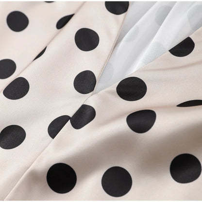 Satin Polka Dots V Neck Maxi Dress Suit Women Elegant Ribbon Full Sleeve Blouse Waist Cinching Long Skirt 2026 Lady Party Outfit