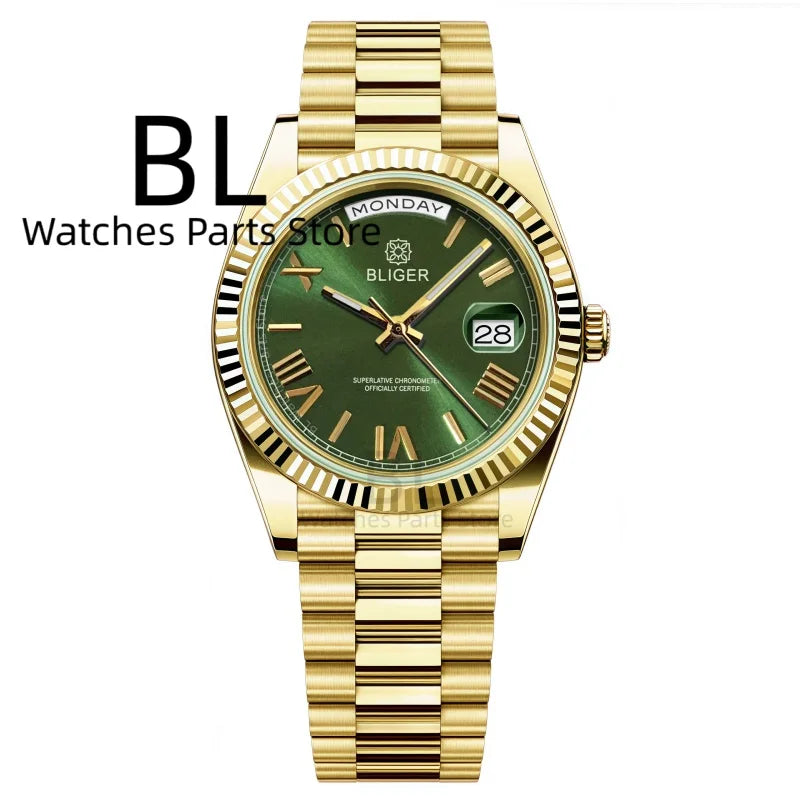 BLIGER 36mm39mm Silver Gold Luxury Enamel Dial Men's Watches Miyota8285 Week Date Function Waterproof Sapphire Glass Reloj Hombr