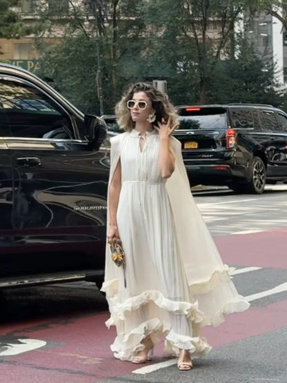 Elegant Ruffle V-neck Maxi Dress Women Chic Lapel Pleated Sleeveless High Waist Dresses Fashion 2025 Summer Lady Vacation Robes