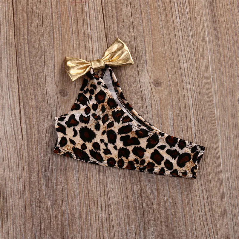 0-5years Infant Girls 3pcs Bikini Set With Leopard Printed One Shoulder Off Sleeveless Swimwear For Girl Summer Leopard Swimsuit