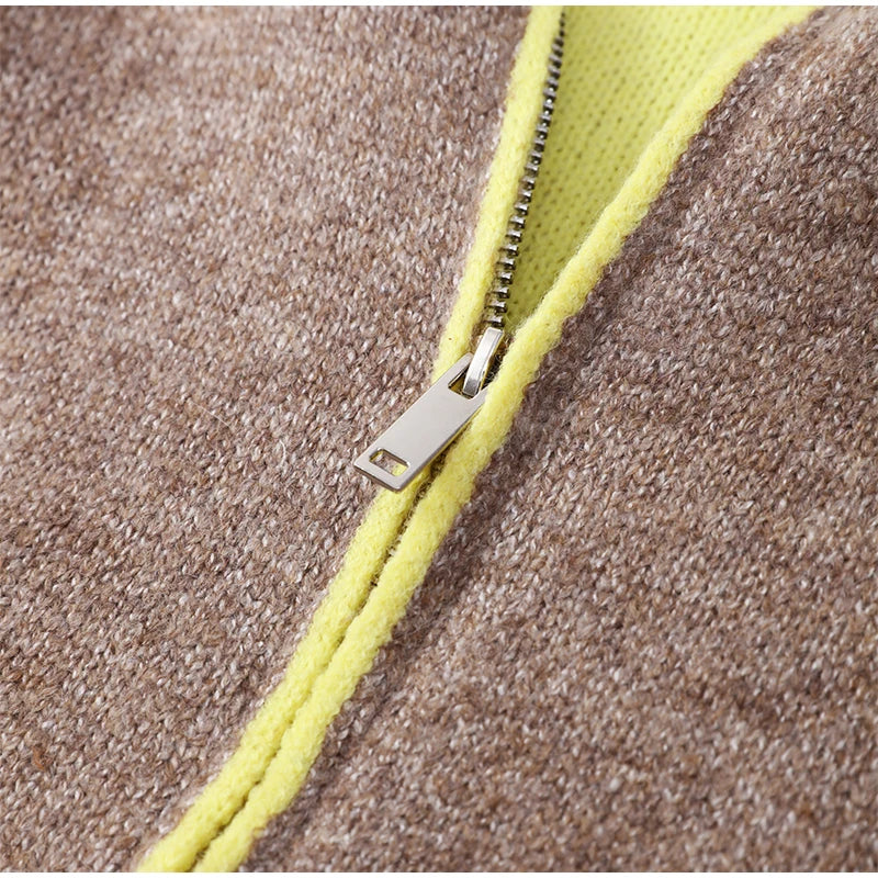Fashion Contrasting Knitted Cardigan for Women Elegant Long Sleeve Pockets Zipper Sweater 2026 Spring Street Lady Chic Outwear