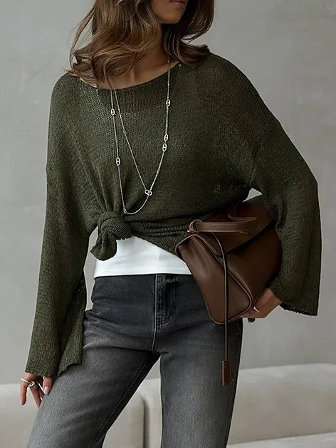 Bornladies Simple Solid Color Long Sleeved Sweater Women's Spring Knitted Hollow Top Loose Versatile Casual Sweater Pullovers