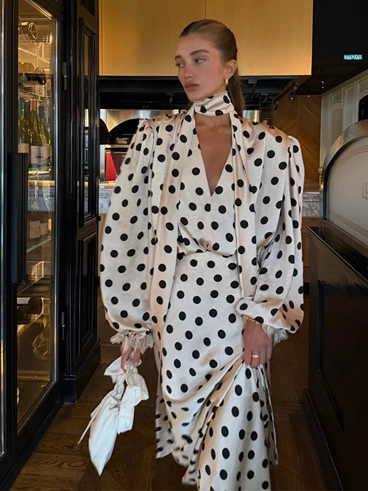 Satin Polka Dots V Neck Maxi Dress Suit Women Elegant Ribbon Full Sleeve Blouse Waist Cinching Long Skirt 2026 Lady Party Outfit