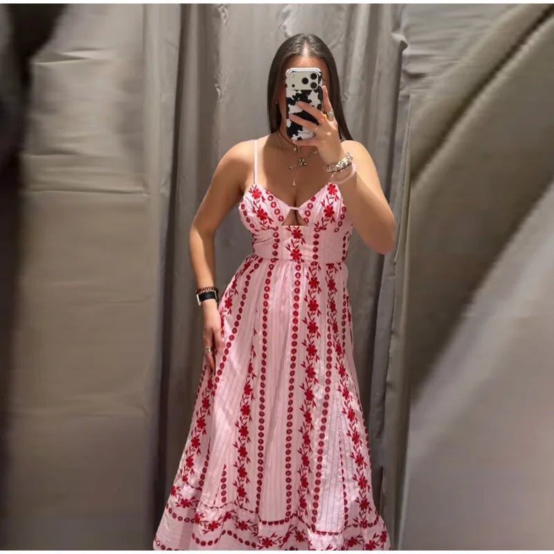 Printed Ruffle Top Skirt Set Women Slim Sling Sleeveless Backless Vest Straight Long Skirts 2025 Summer Elegant Sexy Lady Outfit
